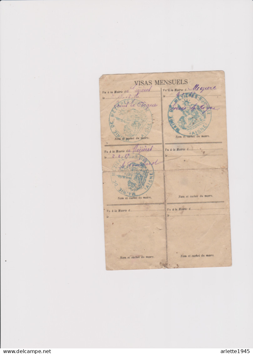 ETAPPEN COMMUNE DE RIBEMONT CARTE D'IDENTITE CACHET DE LA KOMMANDANTUR 1916 - 1914-18