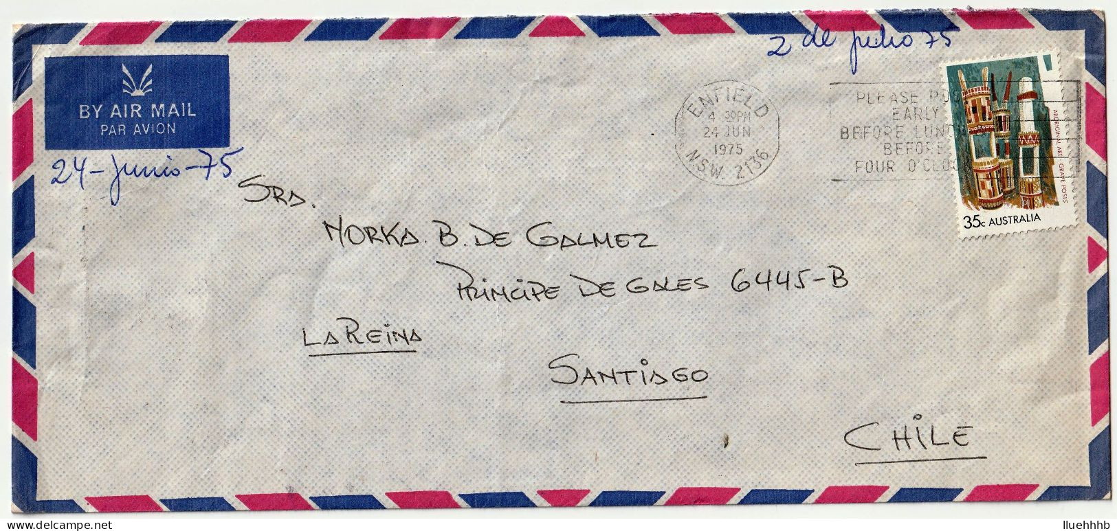 AUSTRALIA: 35c Aboriginal Art Solo Usage In 1975 Airmail Cover To CHILE - Briefe U. Dokumente