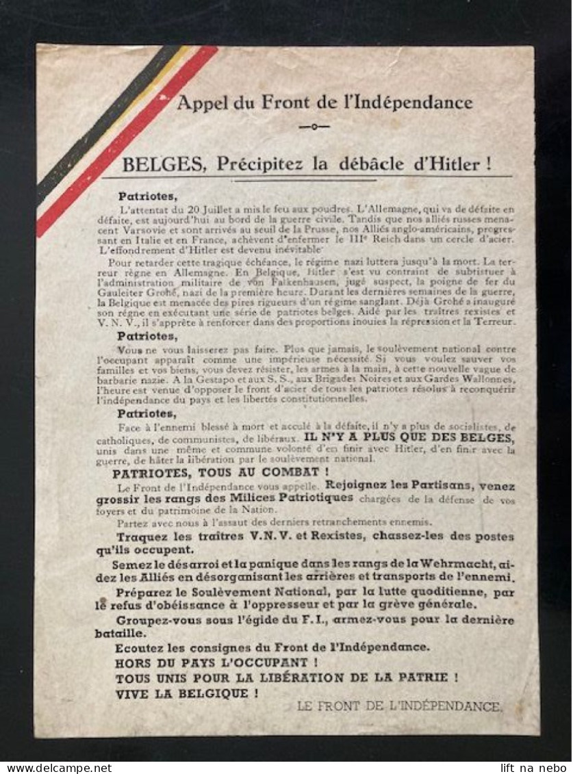 Tract Presse Clandestine Résistance Belge WWII WW2 'Belges, Précipitez La Débâcle D'Hitler!' - Documentos