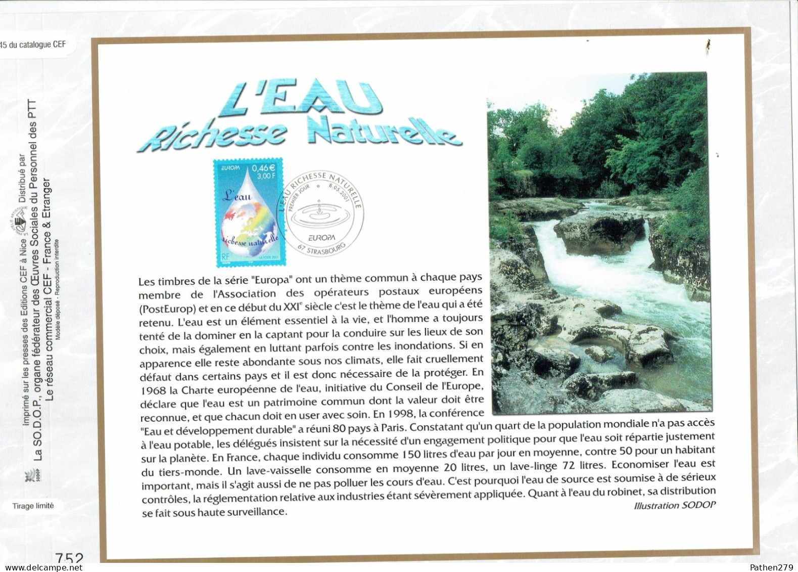 Feuillet Philatélique 1er Jour CEF N° 1545 - L'eau Richesse Naturelle - Strasbourg - 08 Mai 2001 - Umweltschutz Und Klima