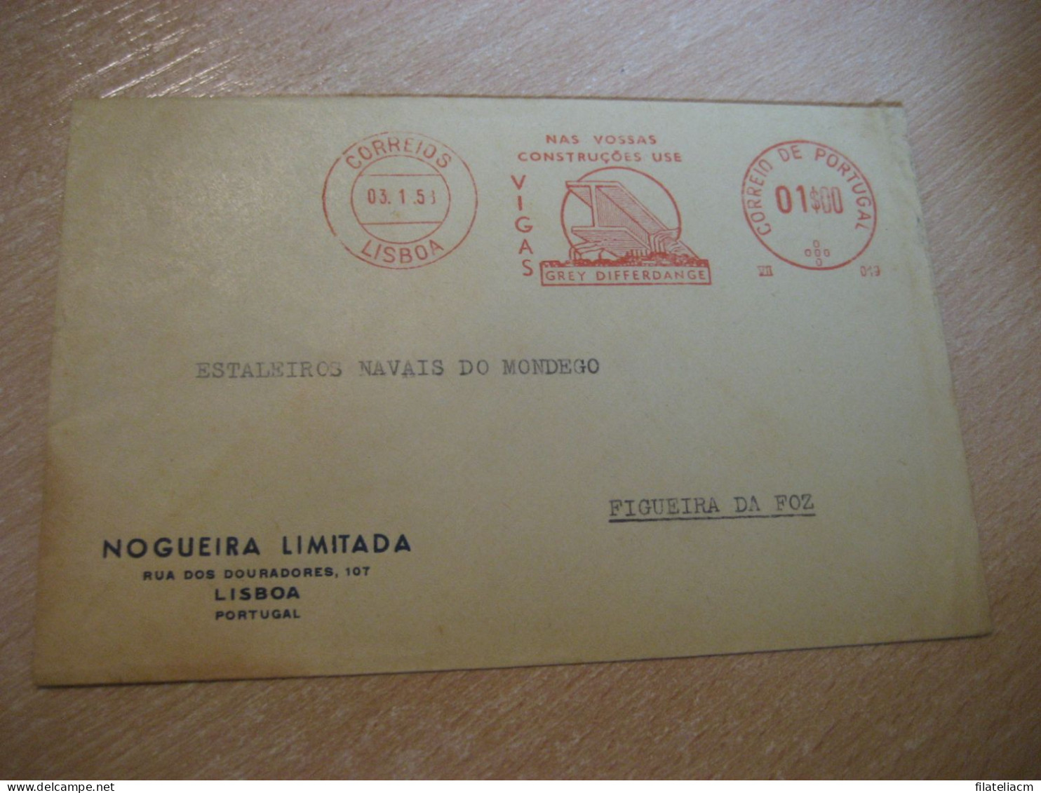 LISBOA 1958 To Figueira Da Foz Vigas Grey Differdange Architecture Meter Mail Cancel Cover PORTUGAL - Lettres & Documents