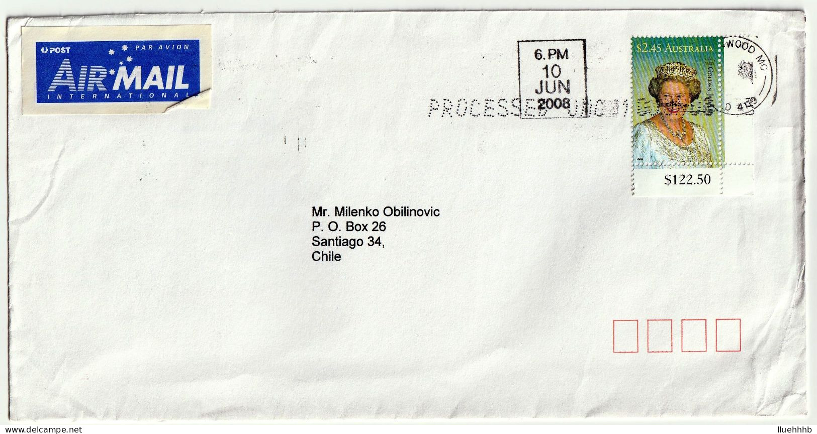 AUSTRALIA: $2.45 Golden Jubilee Solo Usage In 2008 Airmail Cover To CHILE - Brieven En Documenten