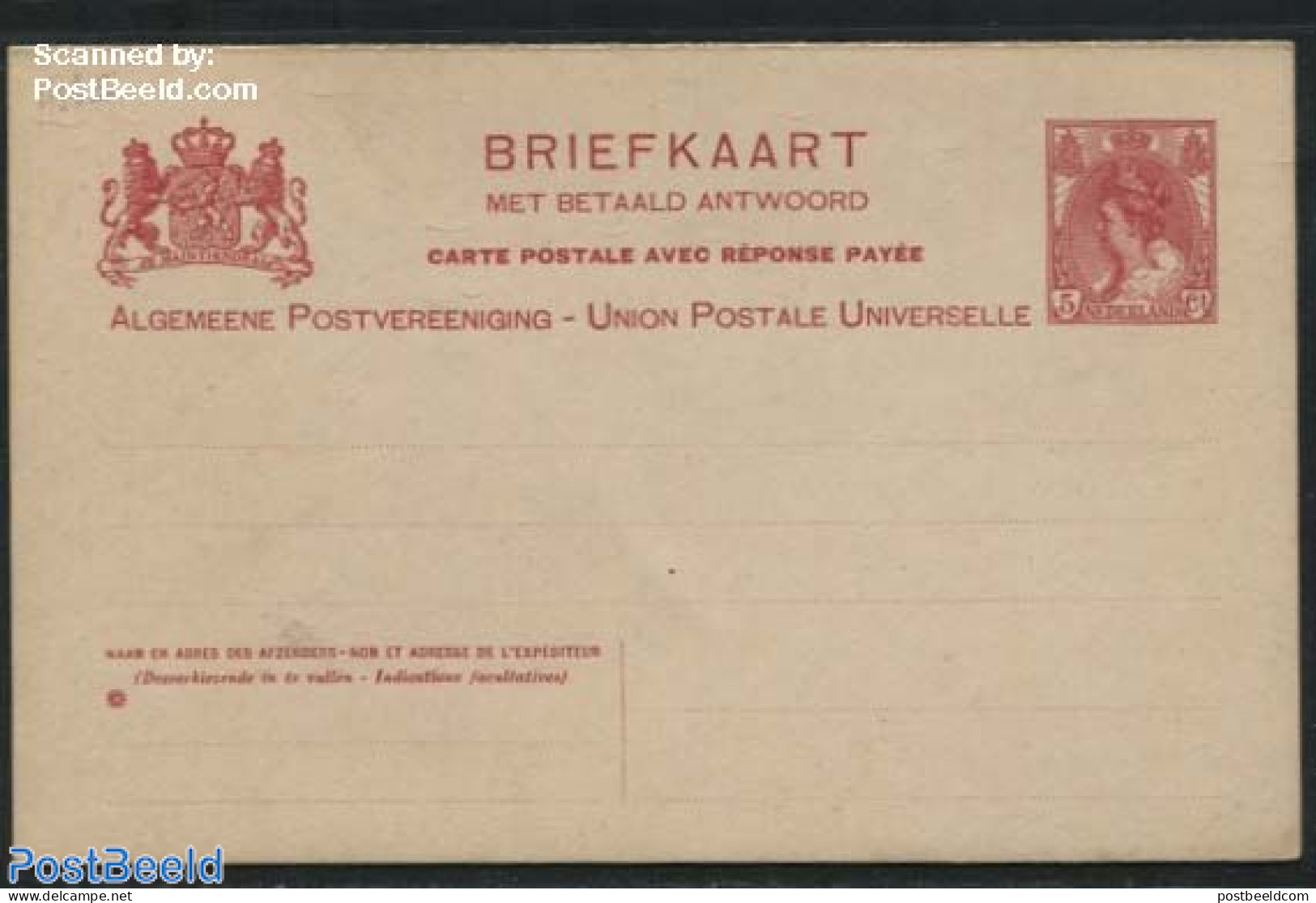 Netherlands 1908 Reply Paid Postcard 5/5c, With Rosette, Distance Between 3rd,4th,5th Line On Reply Card: 13.5+8.5mm, .. - Briefe U. Dokumente