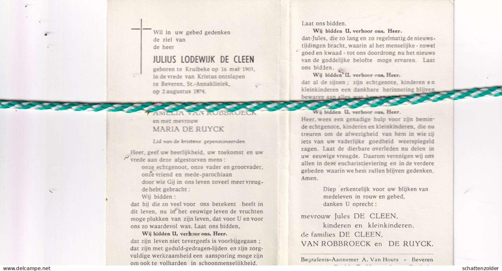 Julius Lodewijk De Cleen-Van Robbroeck-De Ruyck, Kruibeke 1903, Beveren 1974 - Obituary Notices
