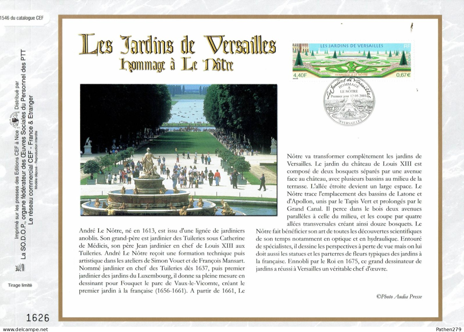 Feuillet Philatélique 1er Jour CEF N° 1546 - Les Jardins De Versailles - Hommage à La Nôtre - Versailles - 12 Mai 2001 - Non Classés