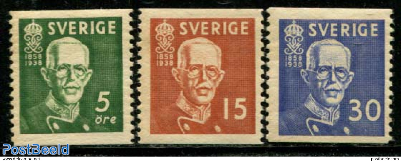 Sweden 1938 King Gustav V Anniversary 3v, Unused (hinged), History - Kings & Queens (Royalty) - Neufs