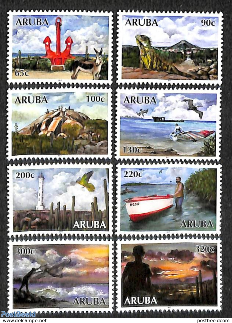 Aruba 2017 Island Views 8v, Mint NH, Nature - Transport - Various - Birds - Cacti - Cattle - Fishing - Parrots - Repti.. - Cactus