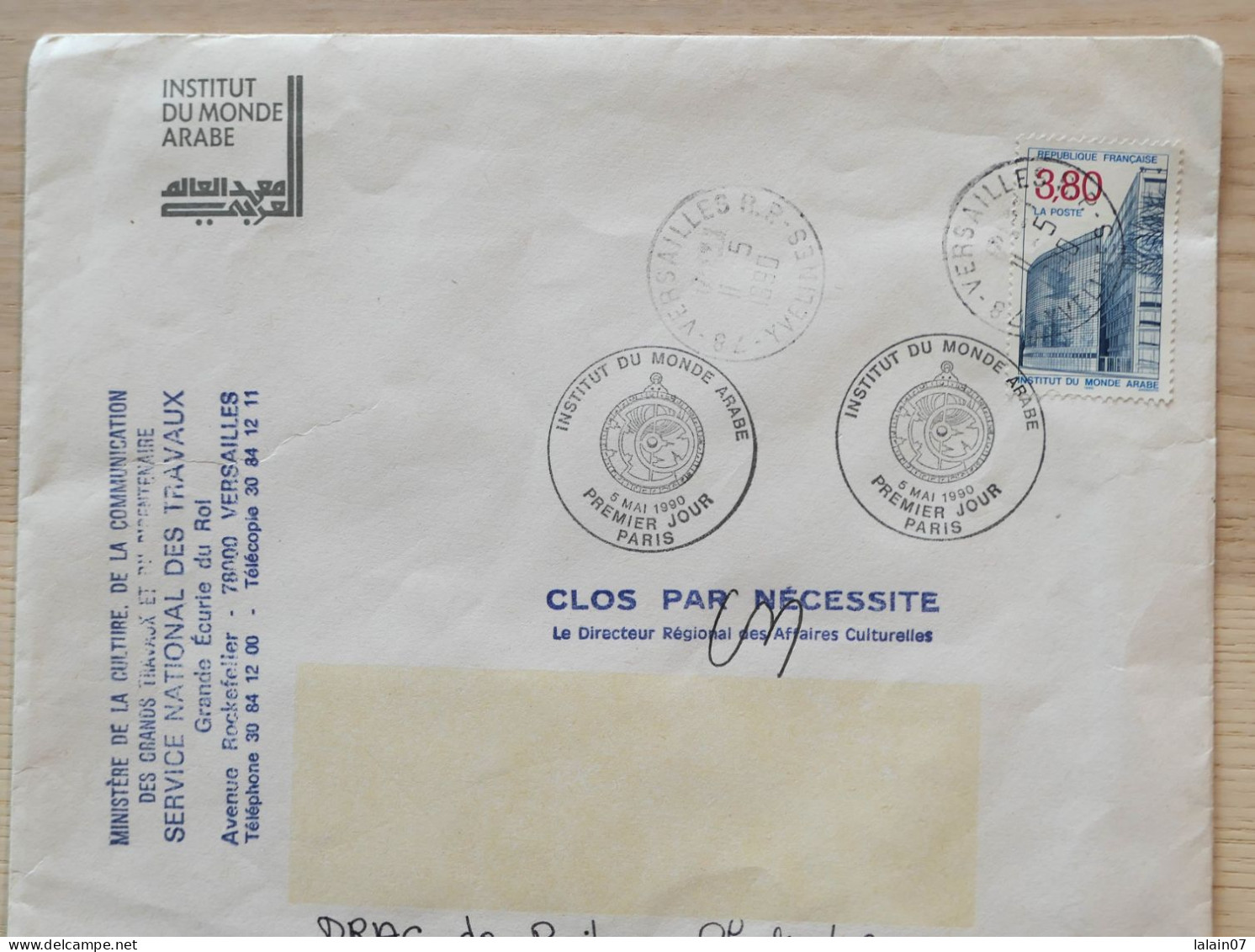 Enveloppe Affranchie "INSTITUT DU MONDE ARABE" Avec 2 Cachets Premier Jour Du 5 Mai 1990, Paris - Cachets Commémoratifs