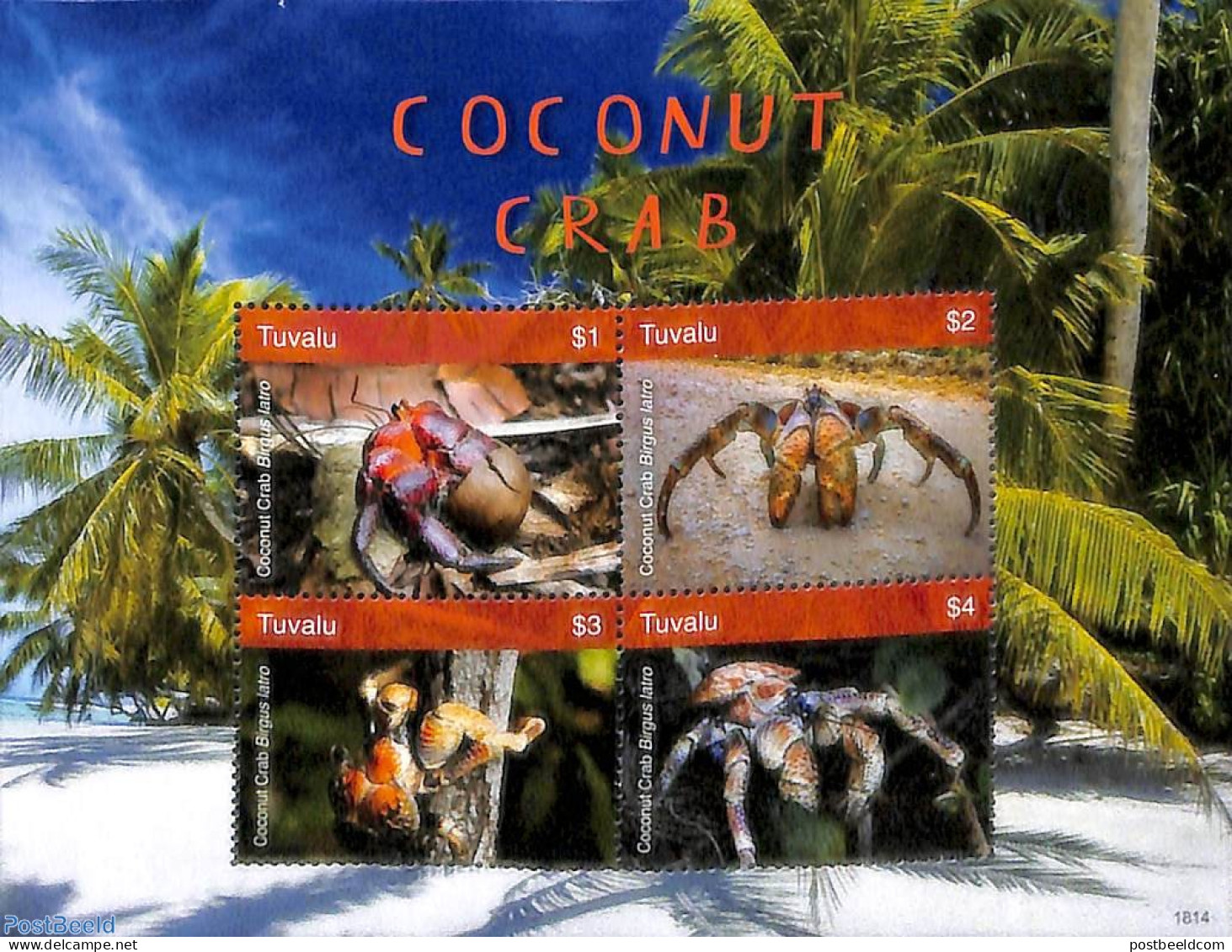 Tuvalu 2018 Coconut Crabs 4v M/s, Mint NH, Nature - Shells & Crustaceans - Crabs And Lobsters - Meereswelt
