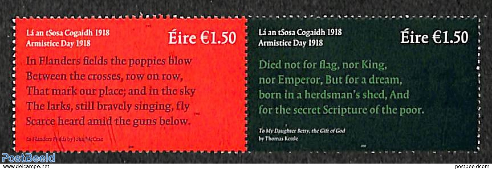 Ireland 2018 Armistice Day 1918 2v, Mint NH, History - World War I - Unused Stamps