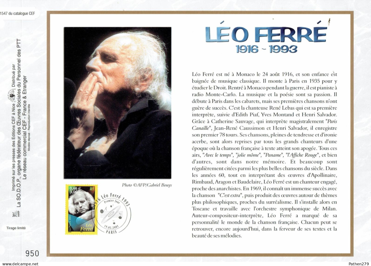 Feuillet Philatélique 1er Jour CEF N° 1547 - Léo Ferré - Paris - 19 Mai 2001 - Sänger