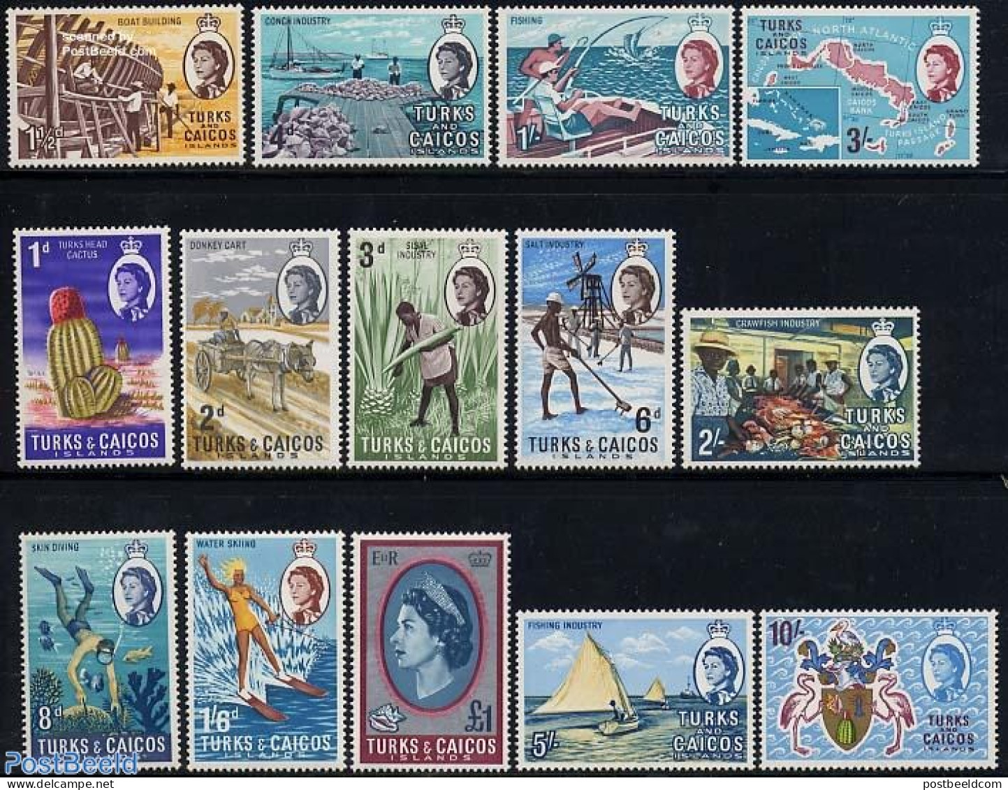 Turks And Caicos Islands 1967 Definitives 14v, Unused (hinged), History - Nature - Transport - Various - Coat Of Arms .. - Fishes