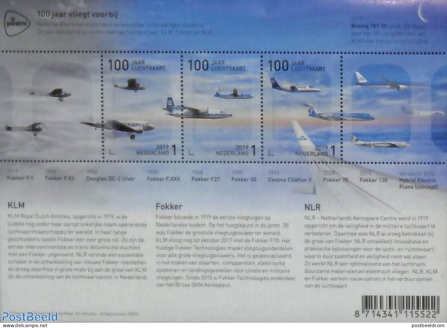 Netherlands 2019 100 Years Aviation 3v M/s, Mint NH, Transport - Aircraft & Aviation - Ongebruikt