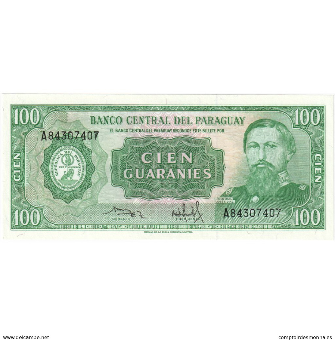 Paraguay, 100 Guaranies, 1952, 1952-03-25, KM:205, NEUF - Paraguay