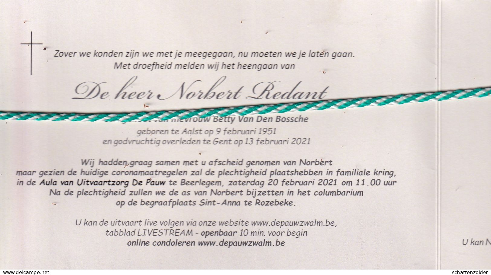 Norbert Redant-Van Den Bossche, Aalst 1951, Gent 2021. Foto - Overlijden