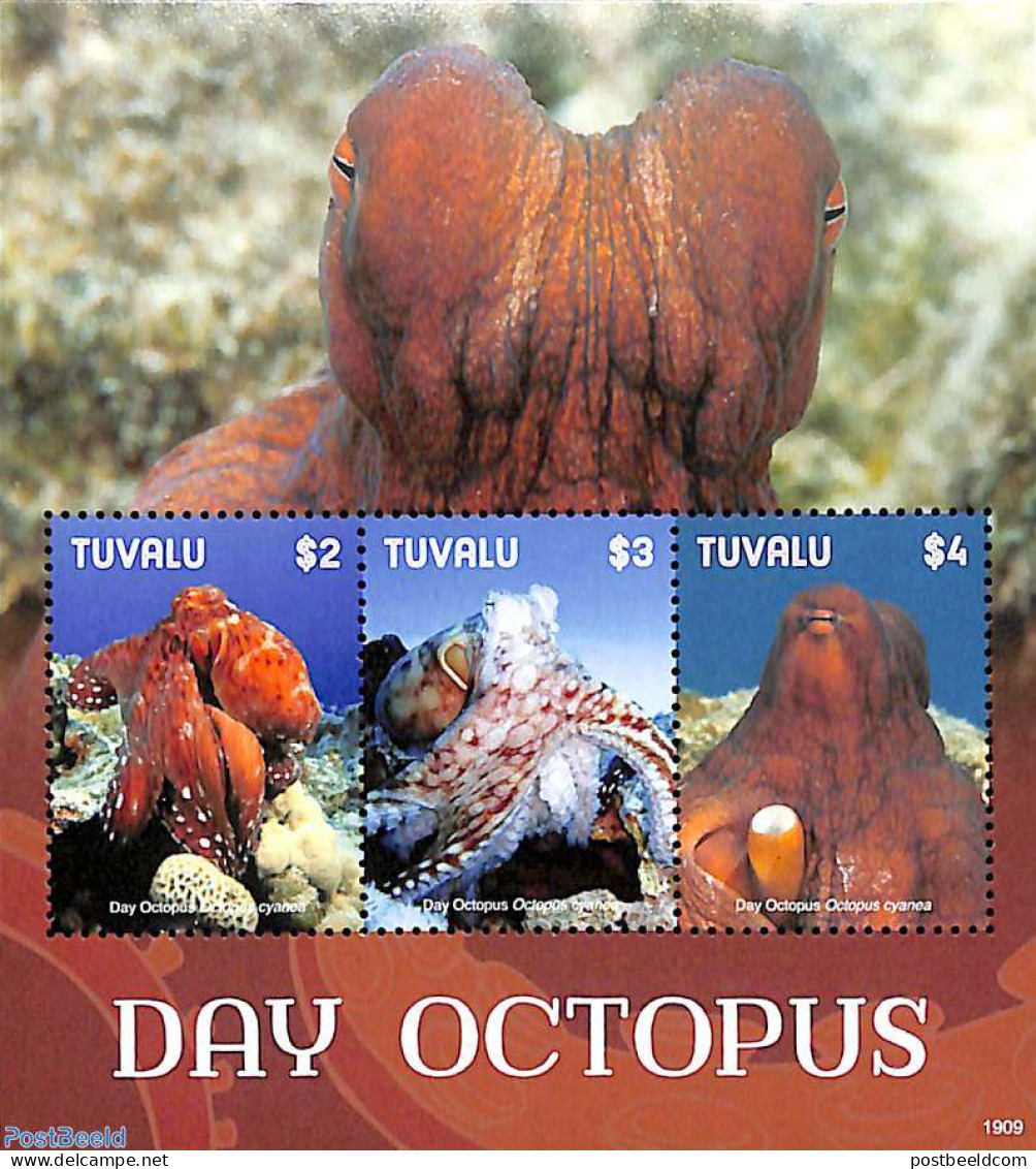 Tuvalu 2019 Day Octopus 3v M/s, Mint NH, Nature - Fish - Fishes