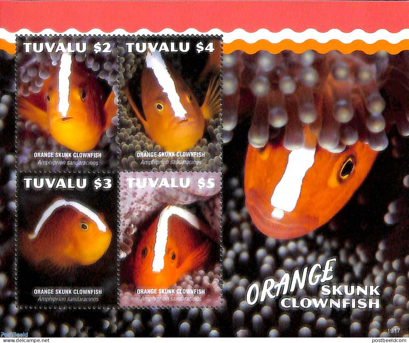 Tuvalu 2019 Skunk Clownfish 4v M/s, Mint NH, Nature - Fish - Pesci