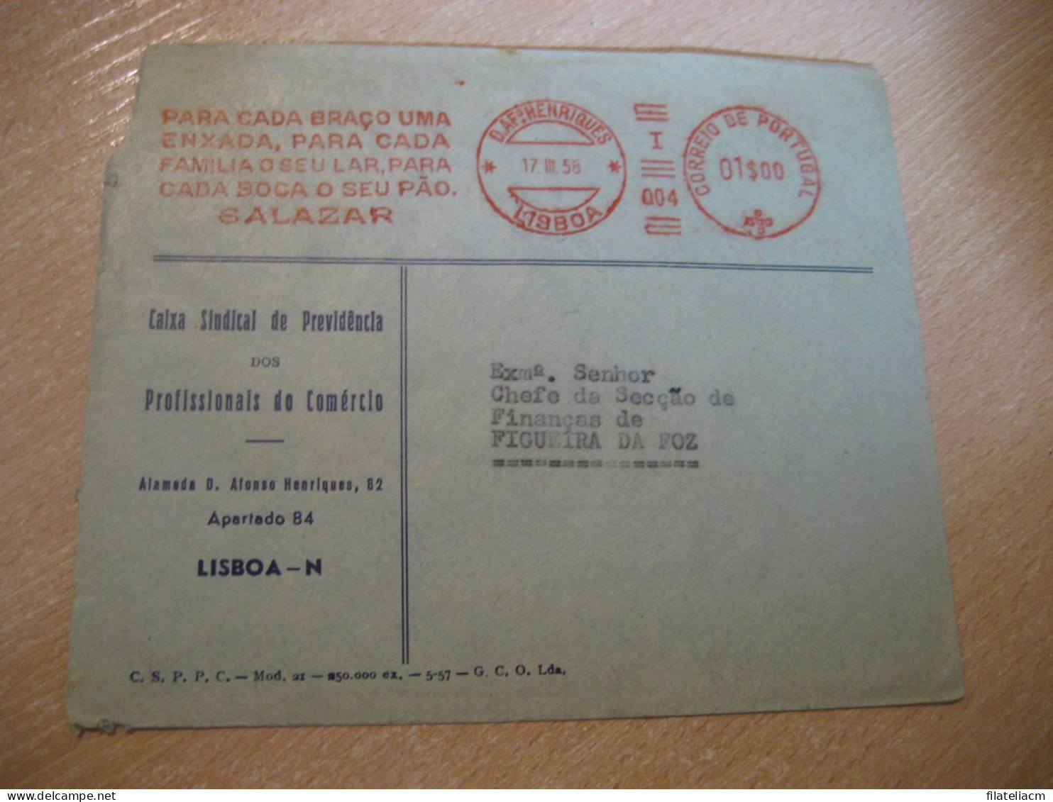 LISBOA 1958 To Figueira Da Foz Salazar Meter Mail Cancel Slight Damaged Cover PORTUGAL - Cartas & Documentos