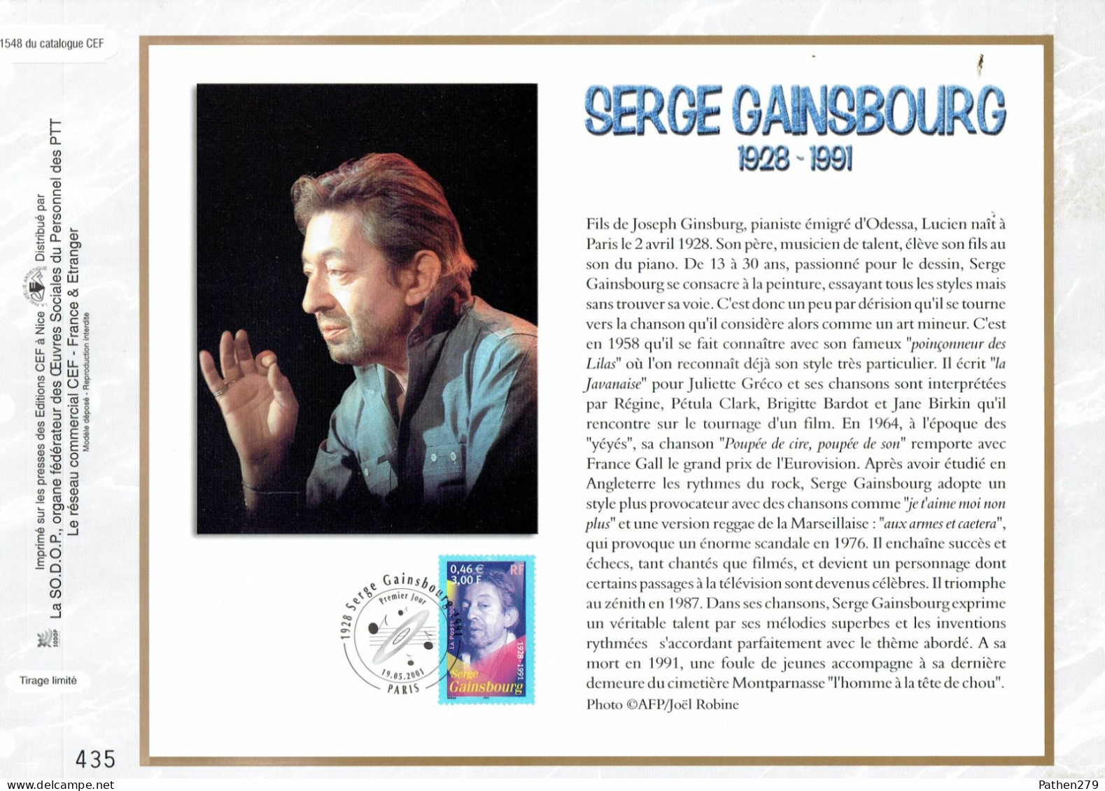 Feuillet Philatélique 1er Jour CEF N° 1548 - Serge Gainsbourg - Paris - 19 Mai 2001 - Chanteurs