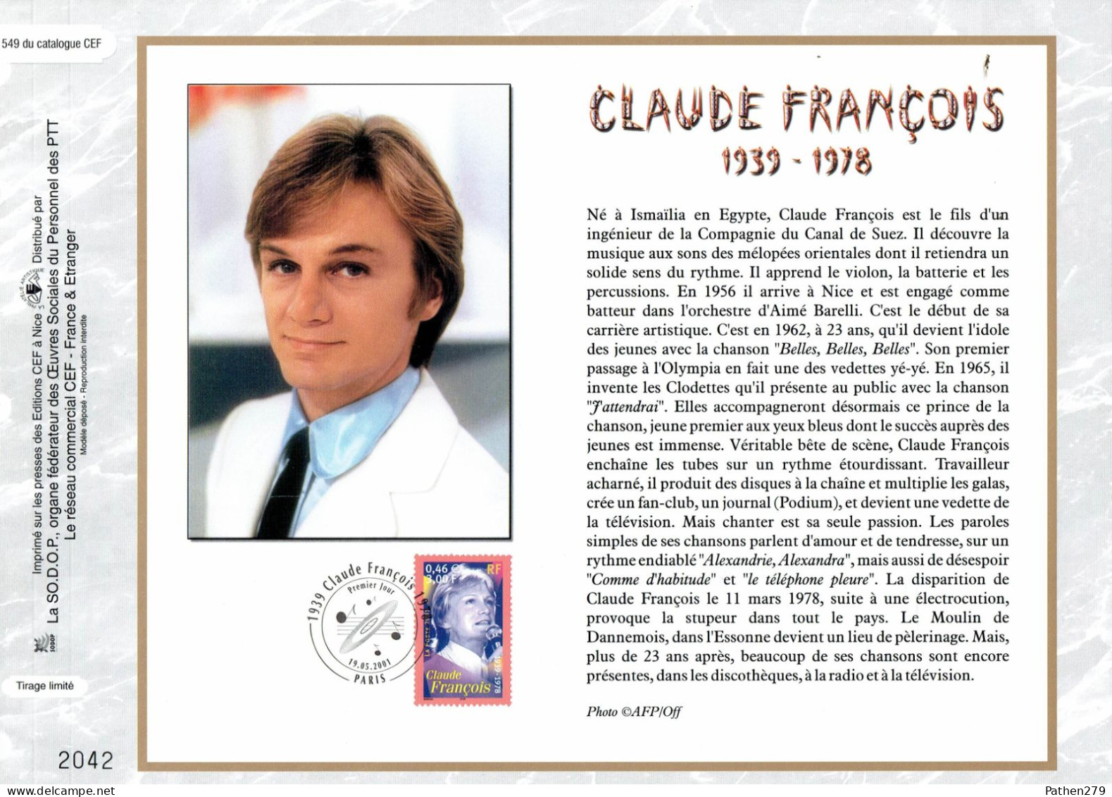 Feuillet Philatélique 1er Jour CEF N° 1549 - Claude François - Paris - 19 Mai 2001 - Zangers