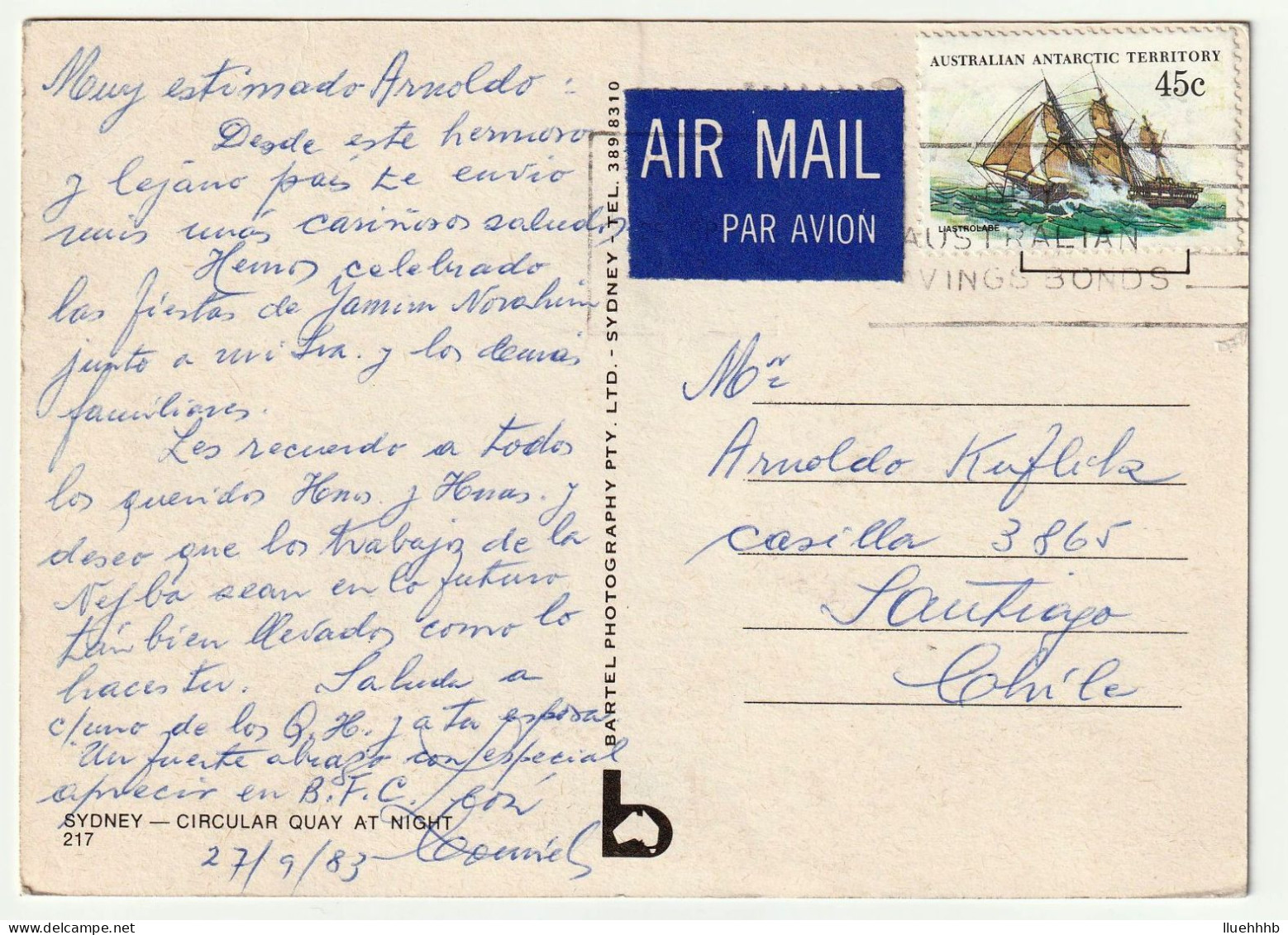 AUSTRALIA: 45c Antarctic Territory Solo Usage On 1983 Postcard To CHILE - Briefe U. Dokumente