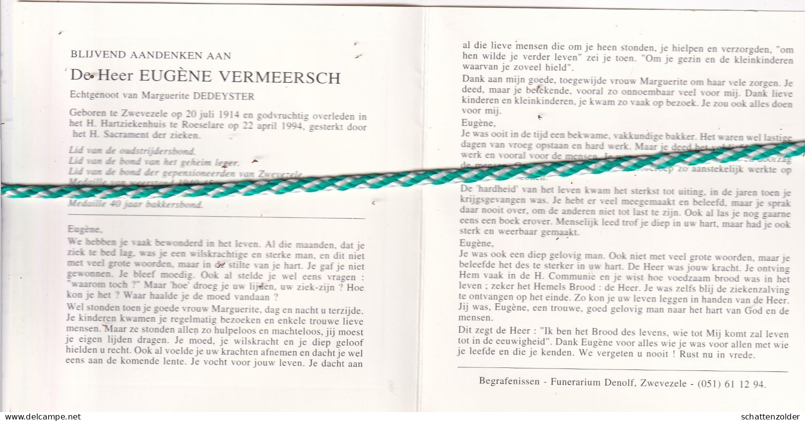 Eugène Vermeersch-Dedeyster, Zwevezele 1914, Roeselare 1994; Foto - Obituary Notices