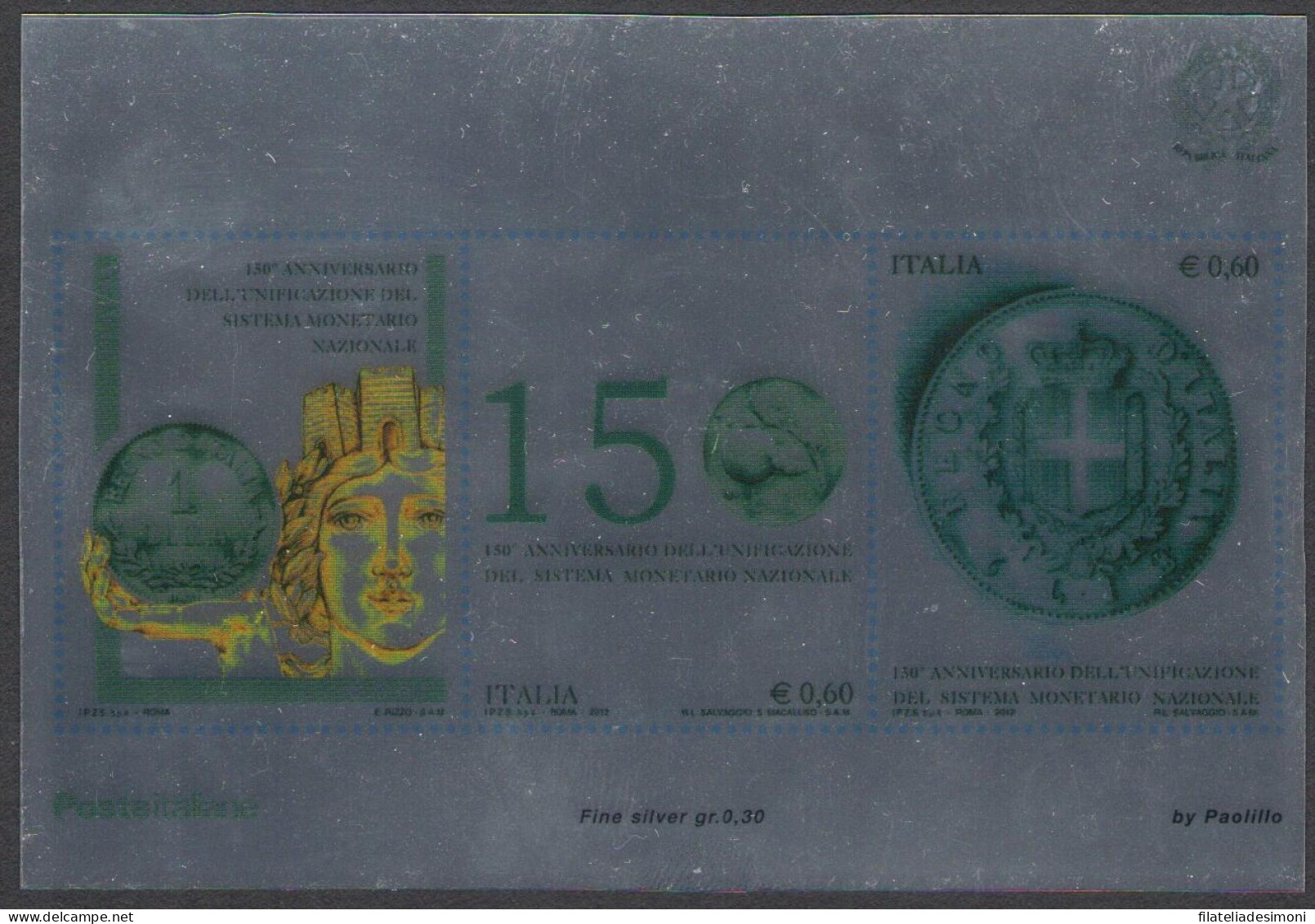 2012 Italia - Repubblica, Francobolli Nuovi, Annata Completa 55 Valori + 4 Foglietti + 1 Foglietto Argento Lira Italiana - Full Years