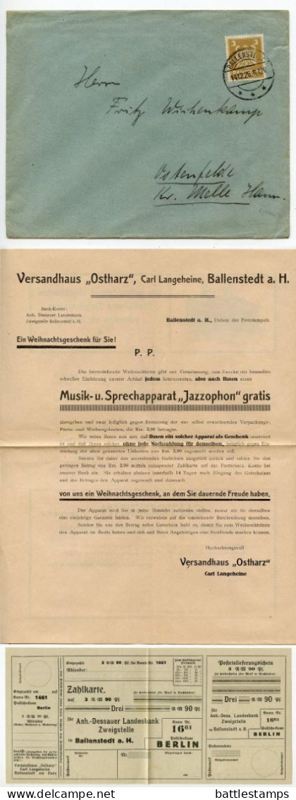 Germany 1926 Cover W/ Advertisement & Zahlkarte; Ballenstedt - Versandhaus „Ostharz"; 3pf German Eagle - Covers & Documents