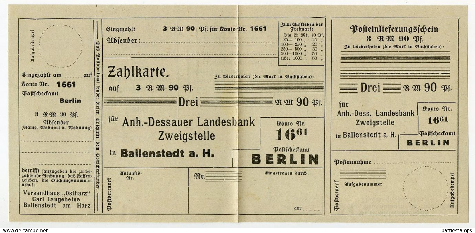 Germany 1926 Cover w/ Advertisement & Zahlkarte; Ballenstedt - Versandhaus „Ostharz"; 3pf German Eagle