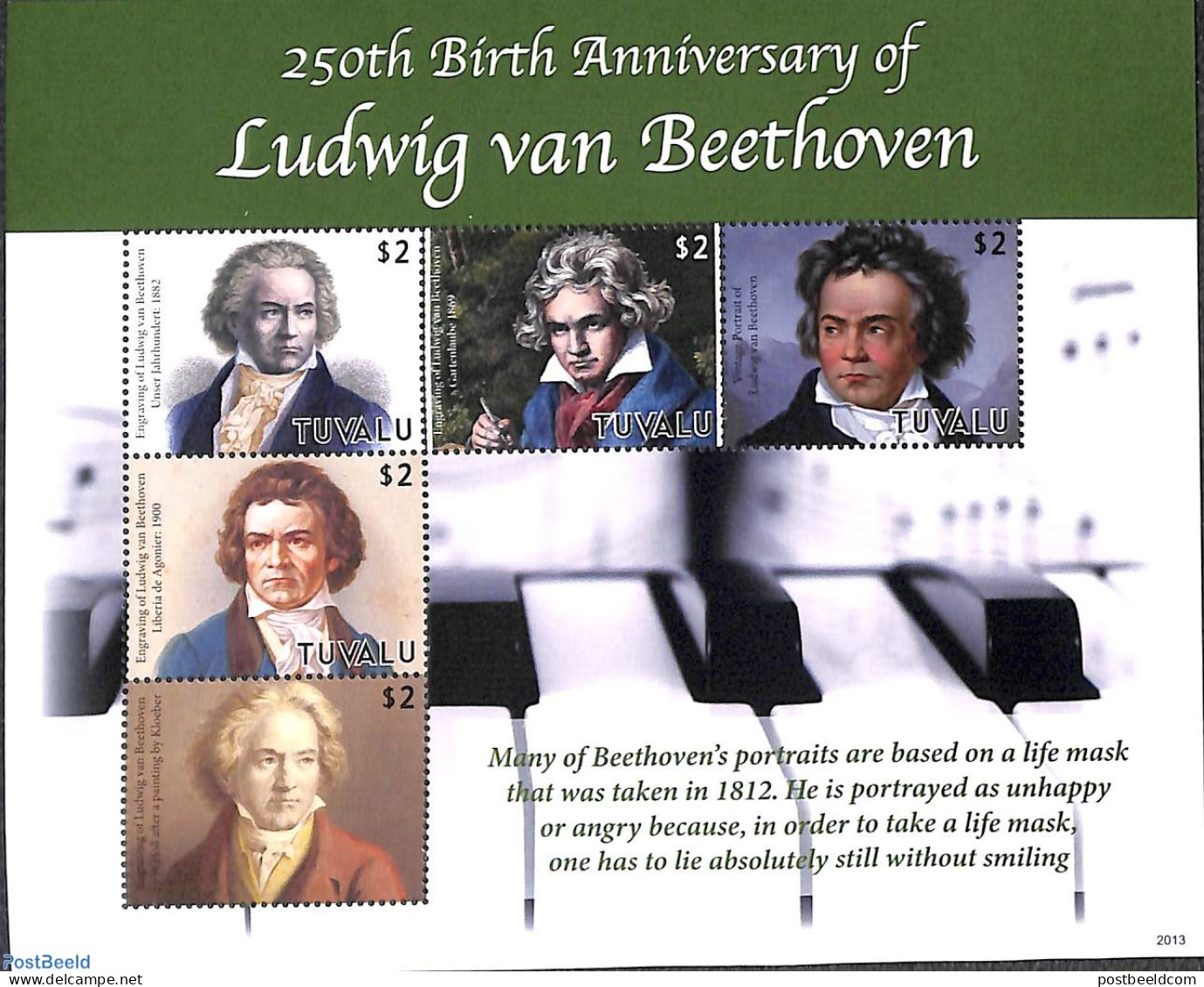 Tuvalu 2020 Ludwig Von Beethoven 5v M/s, Mint NH, Performance Art - Music - Art - Composers - Music