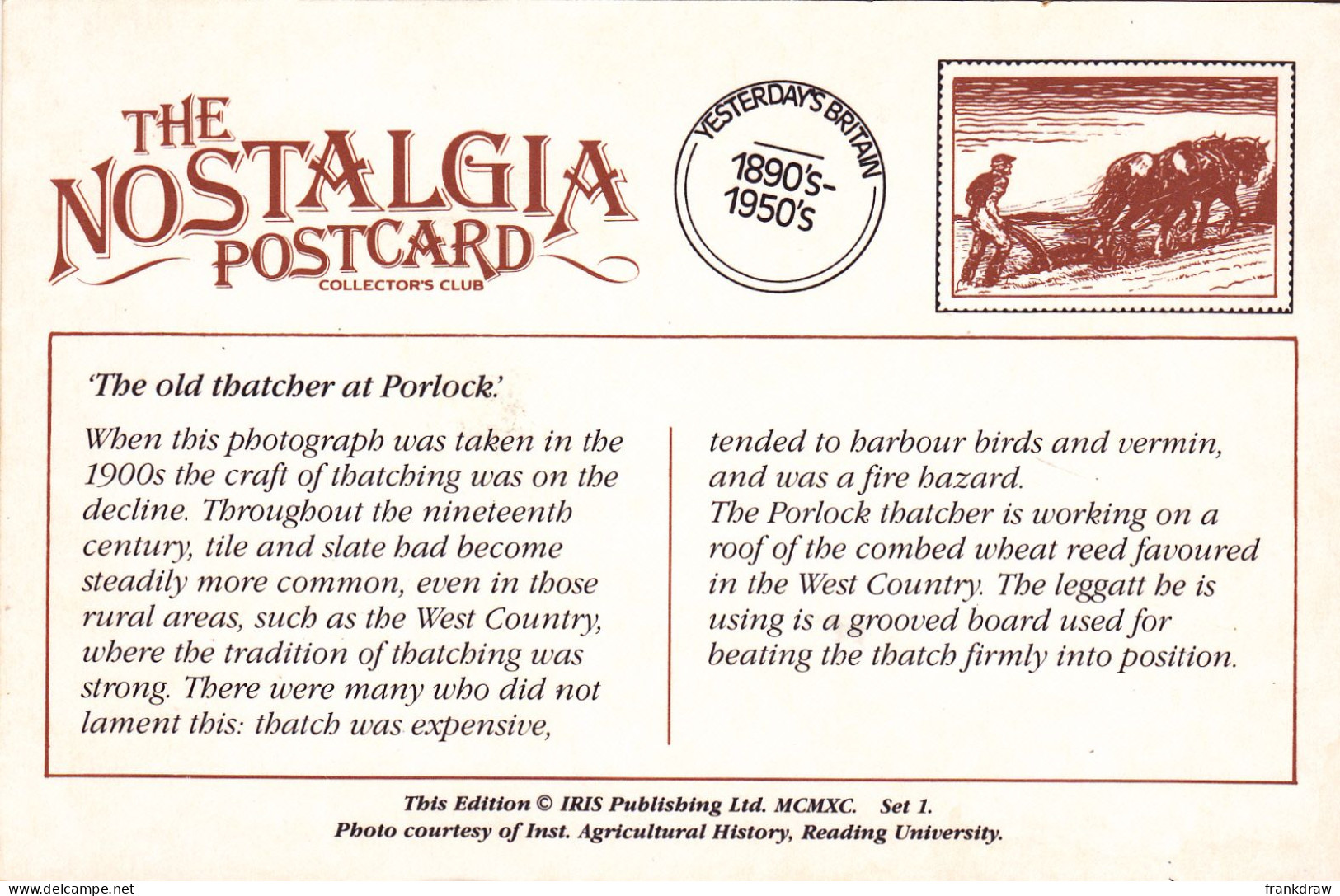 Nostalgia Postcard - The Old Thatcher At Porlock, C1900  - VG - Unclassified