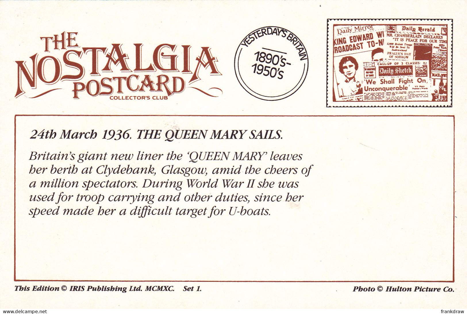 Nostalgia Postcard - The Queen Mary Sails, 24th March 1936  - VG - Non Classés