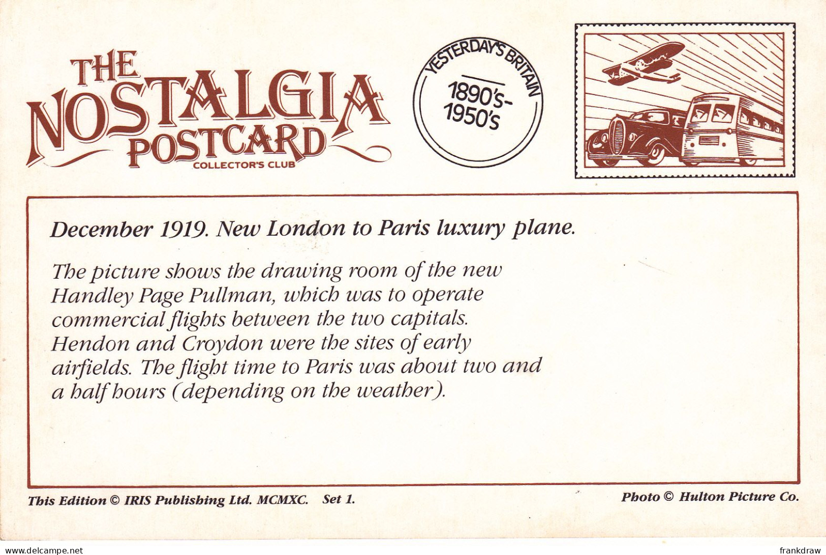 Nostalgia Postcard - New London To Paris Luxury Plane, December 1919  - VG - Unclassified