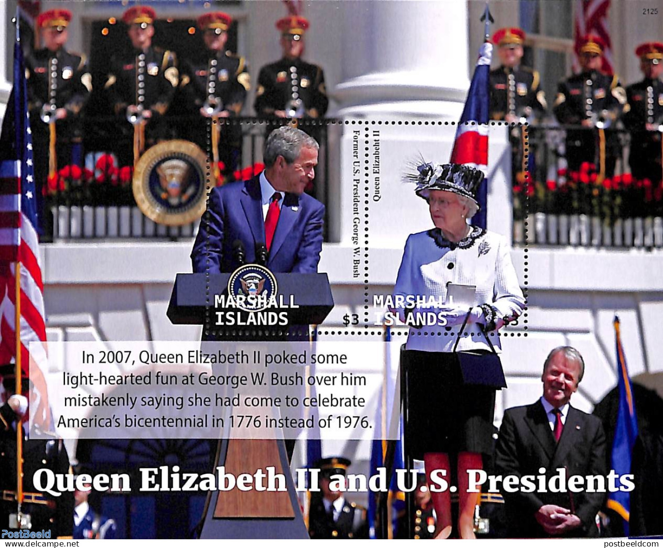 Marshall Islands 2021 Queen Elizabeth II With Pres. Bush S/s, Mint NH, History - American Presidents - Kings & Queens .. - Königshäuser, Adel