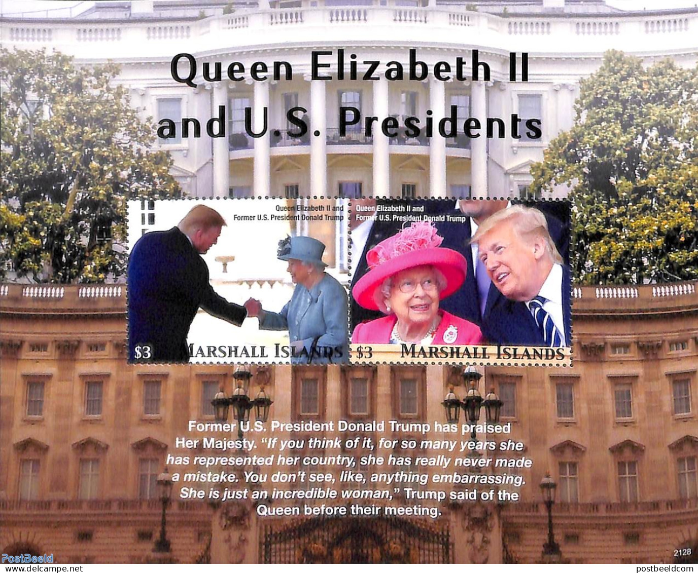 Marshall Islands 2021 Queen Elizabeth II With Pres. Trump S/s, Mint NH, History - American Presidents - Kings & Queens.. - Königshäuser, Adel