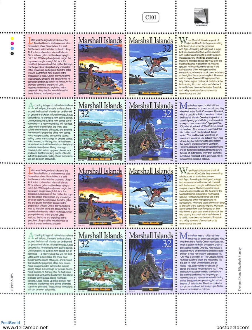 Marshall Islands 1996 Legends M/s, Mint NH, Nature - Transport - Birds - Ships And Boats - Art - Fairytales - Barcos