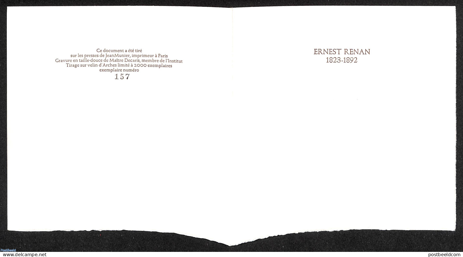 France 1973 Ernest Renan, Special FDC Leaf On Handmade Paper With Decaris Gravure, Limited Ed., Postal History - Cartas & Documentos