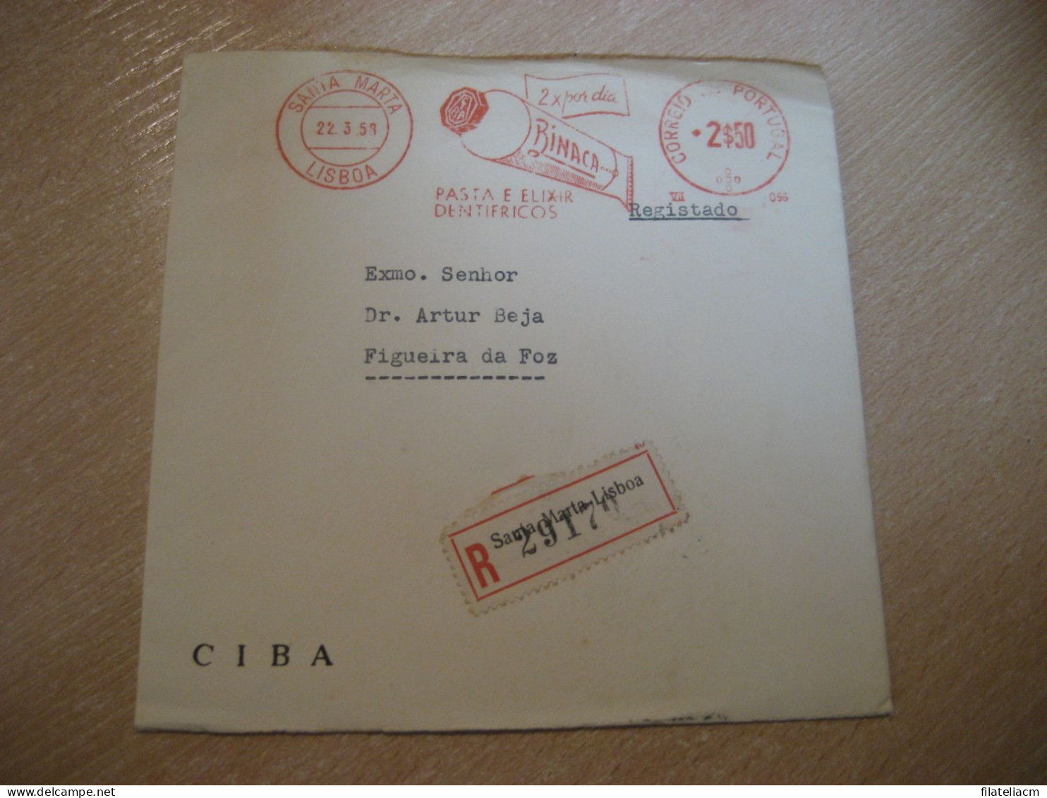 LISBOA 1958 To Figueira Da Foz BINACA Dentifrico CIBA Pharmacy Registered Meter Mail Cancel Cover PORTUGAL - Cartas & Documentos