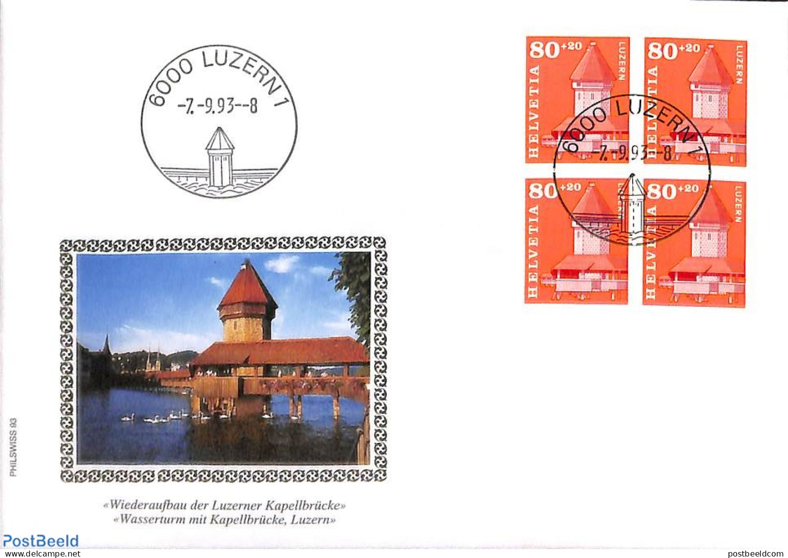 Switzerland 1993 Luzern Bridge Fund 1v, FDC [+], Postal History, Art - Bridges And Tunnels - Cartas & Documentos