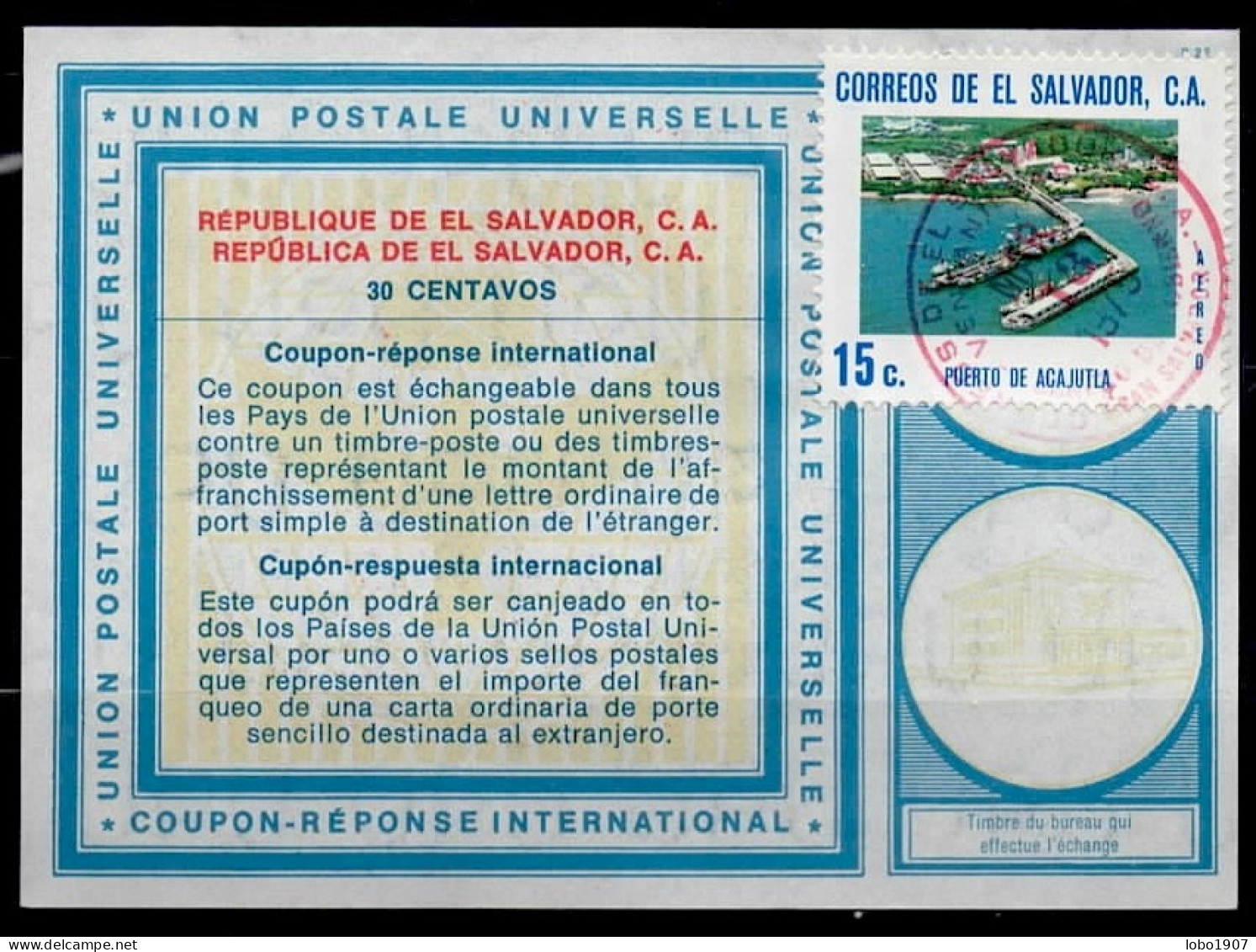 EL SALVADOR  Vi19  30 CENTAVOS + Stamp 15c.  Int. Reply Coupon Reponse Antwortschein IRC IAS Cupón Respuesta  O 13.03.75 - El Salvador