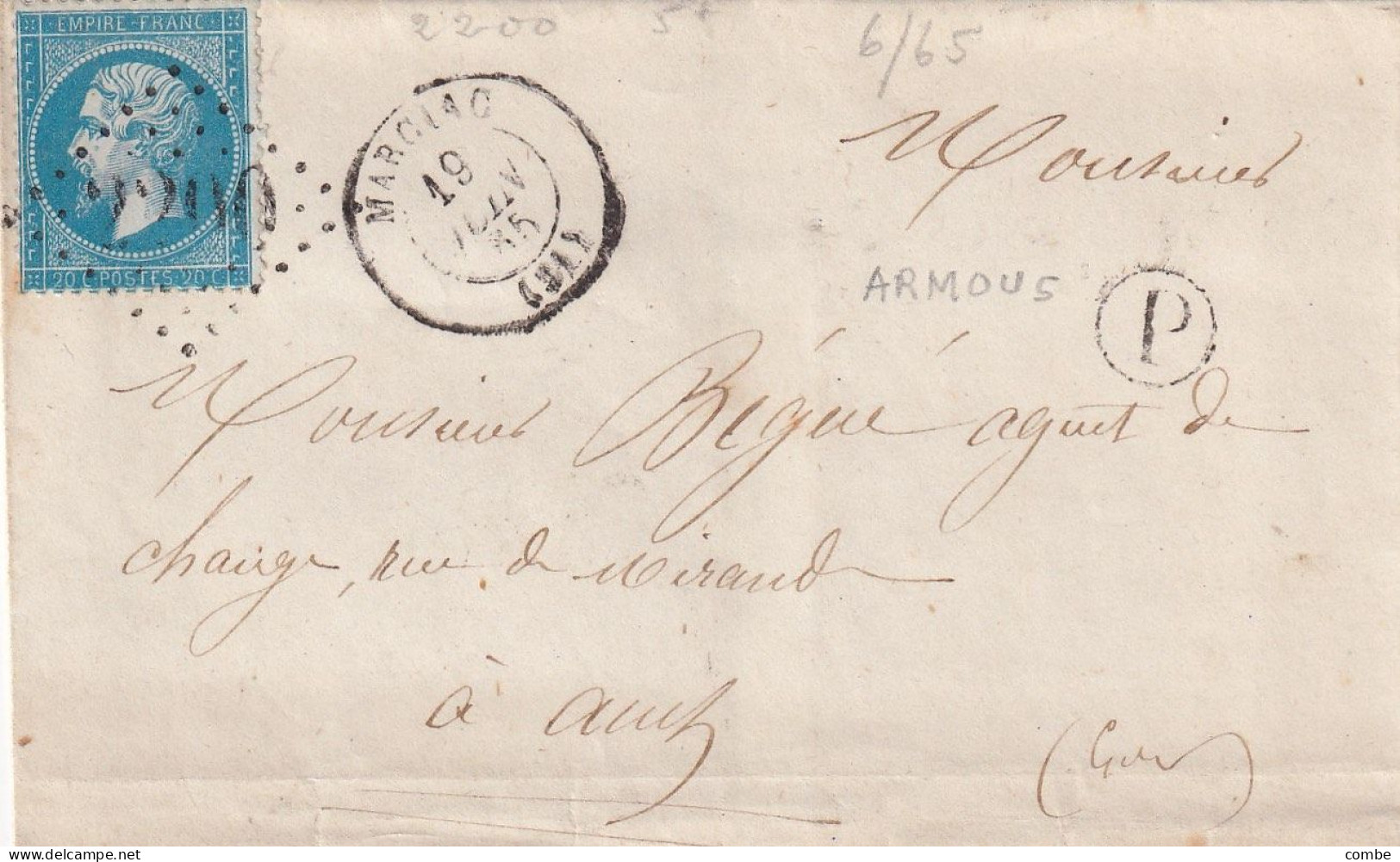 LAS. 19 JUIN 1845. N° 22. MARCIAC. COTES DU NORD. GC 2200. BOITE RURALE P = ARMOUS. POUR AUZ - 1849-1876: Klassik