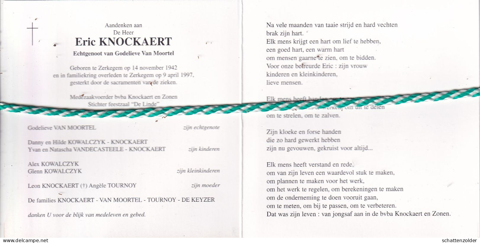 Eric Knockaert-Van Moortel, Zerkegem 1942, 1997. Stichter Feestzaal "De Linde", Foto - Obituary Notices