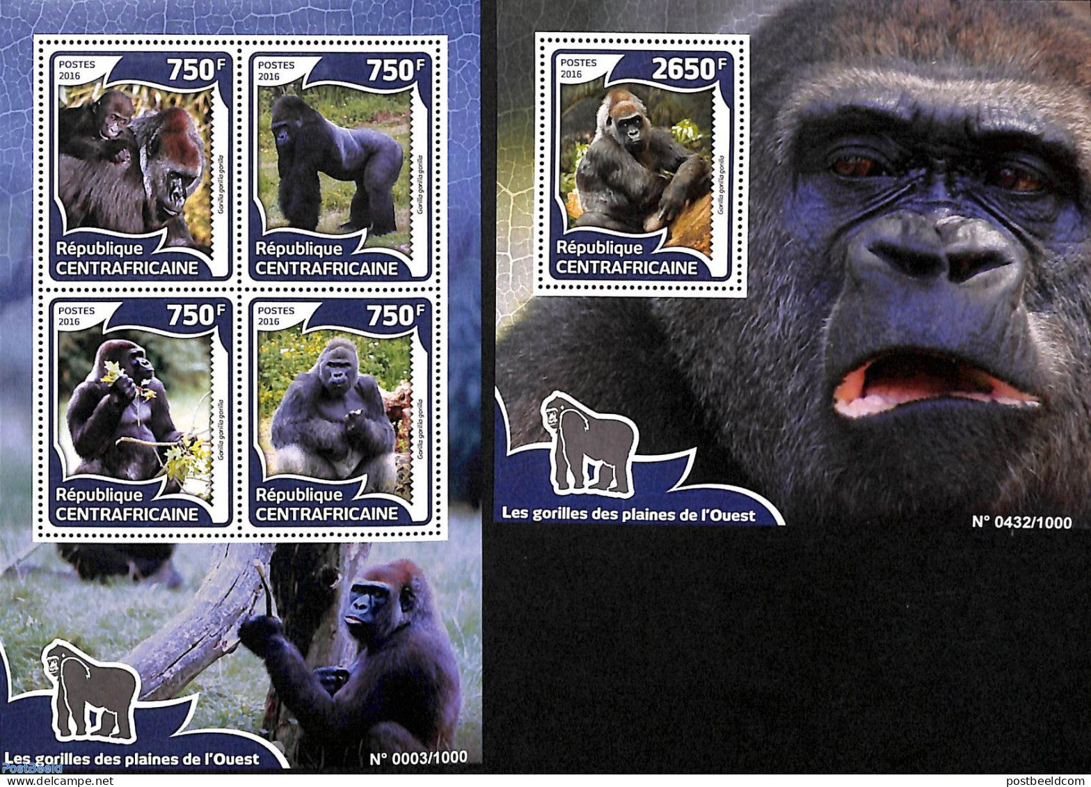 Central Africa 2016 Gorilla's 2 S/s, Mint NH, Nature - Monkeys - República Centroafricana