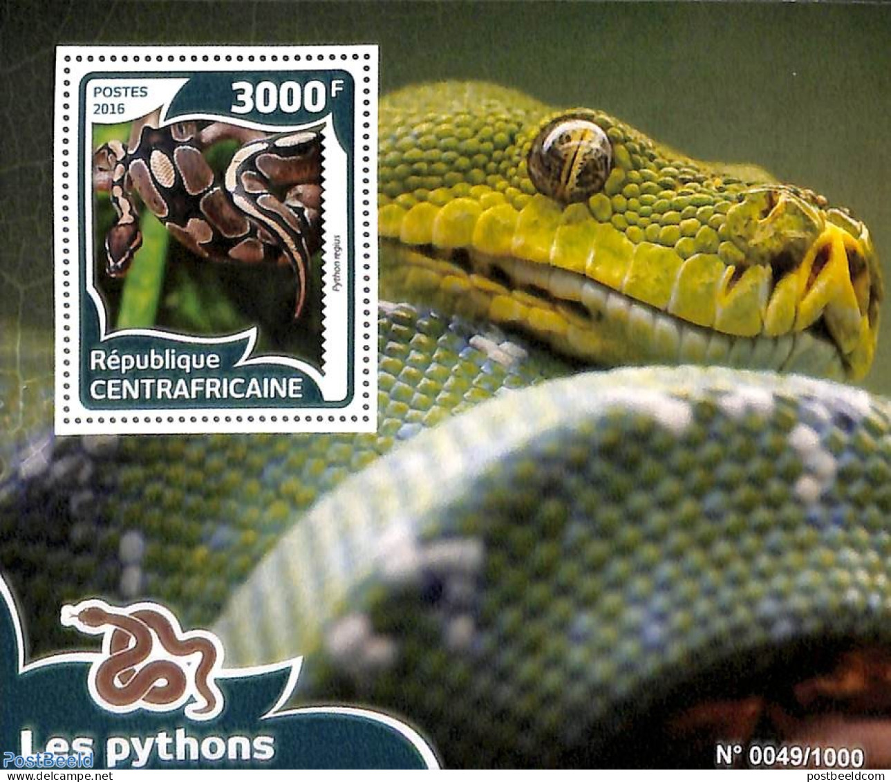 Central Africa 2016 Snakes S/s, Mint NH, Nature - Reptiles - Snakes - Central African Republic