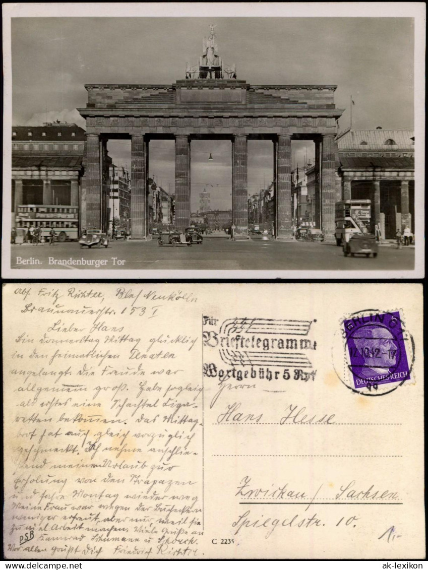 Ansichtskarte Mitte-Berlin Brandenburger Tor Durchblick Zum Roten Rathaus 1943 - Porte De Brandebourg