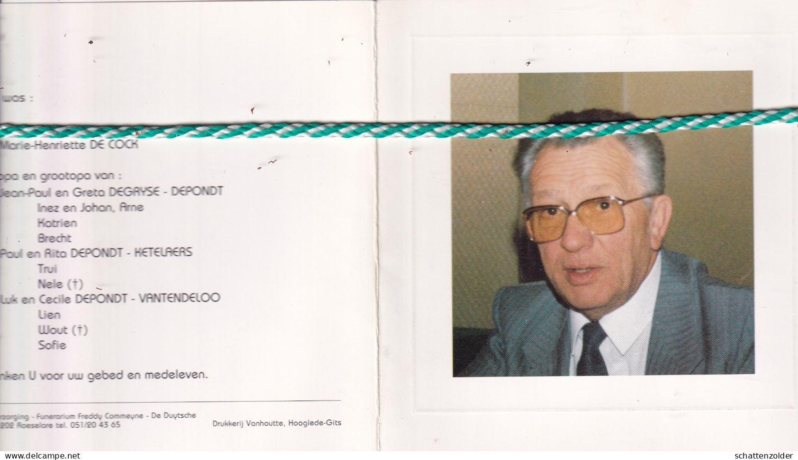 Michel Depondt-De Cock, 1923, 1996. Foto - Obituary Notices