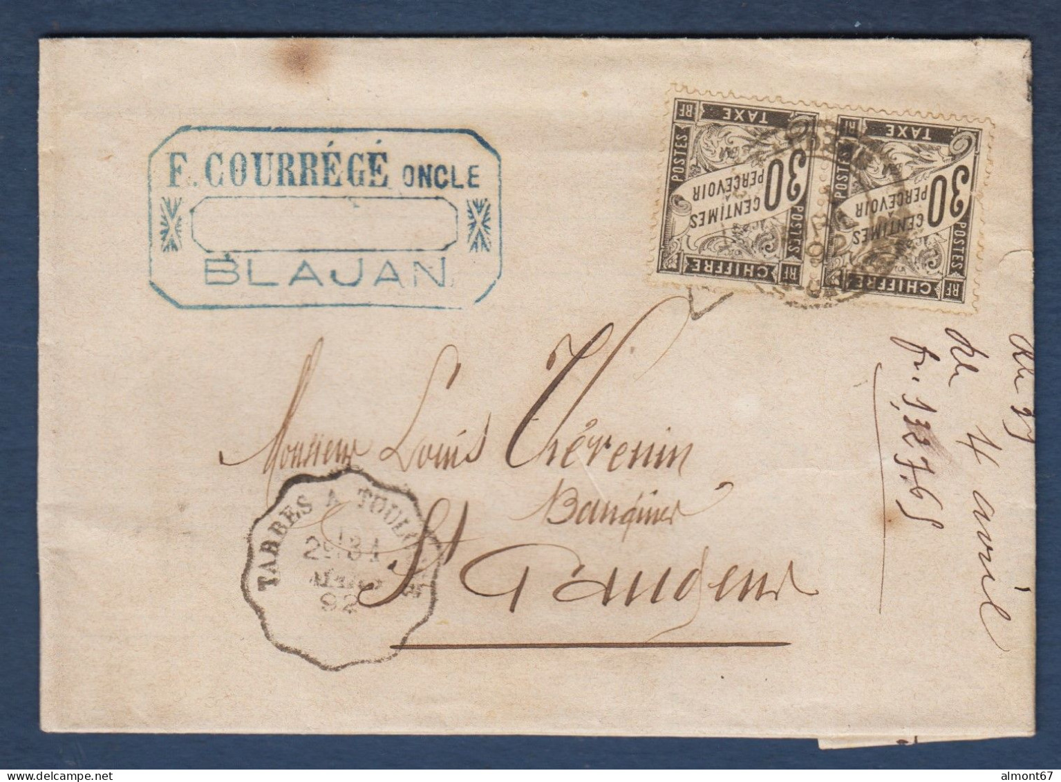 Haute Garonne - Paire 30c Taxe ( 1 Déf. ) Sur Lettre De Blajan Pour St Gaudens - 1859-1959 Covers & Documents