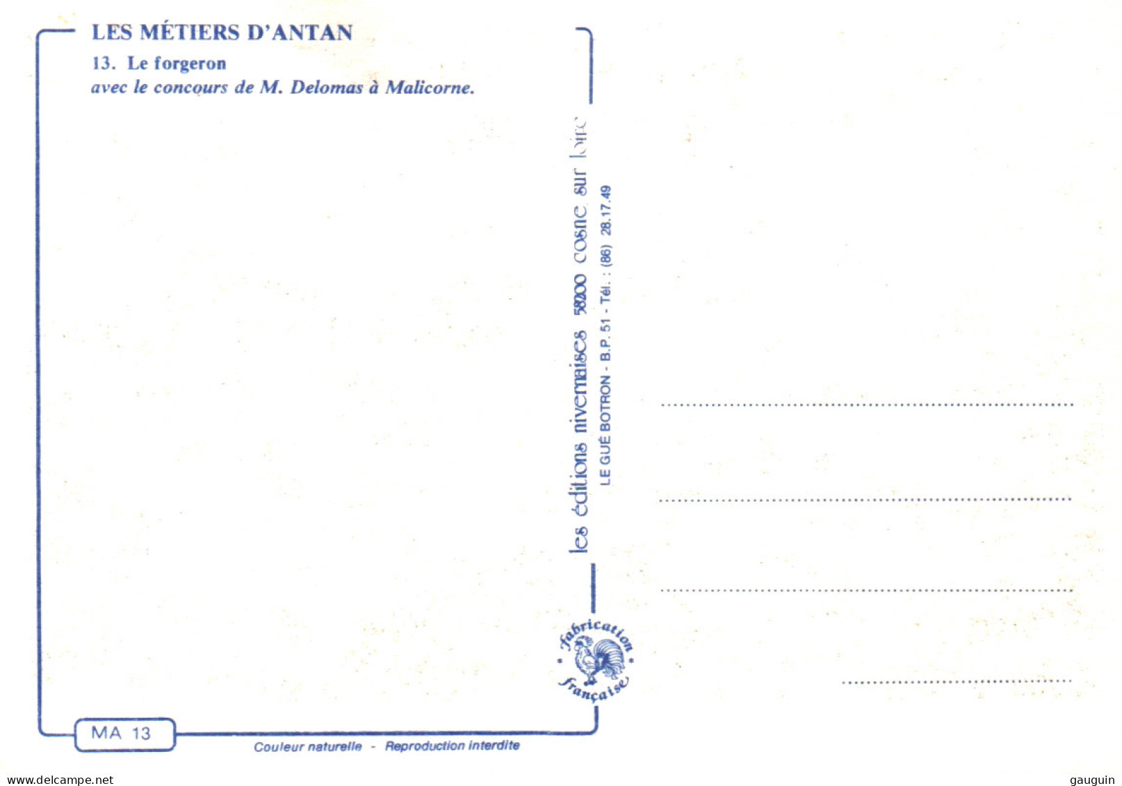 CPM - MÉTIERS D'ANTAN - Le Forgeron (Mr Delomas à MALICORNE (72) - Editions Nivernaises - Craft