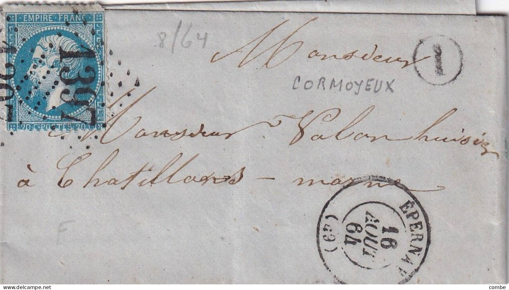 LETTRE. 16 AOUT 1864. N° 22. EPERNAY. MARNE. GC 1397. BOITE RURALE I = CORMOYEUX. POUR CHATILLON S MARNE - 1849-1876: Klassik