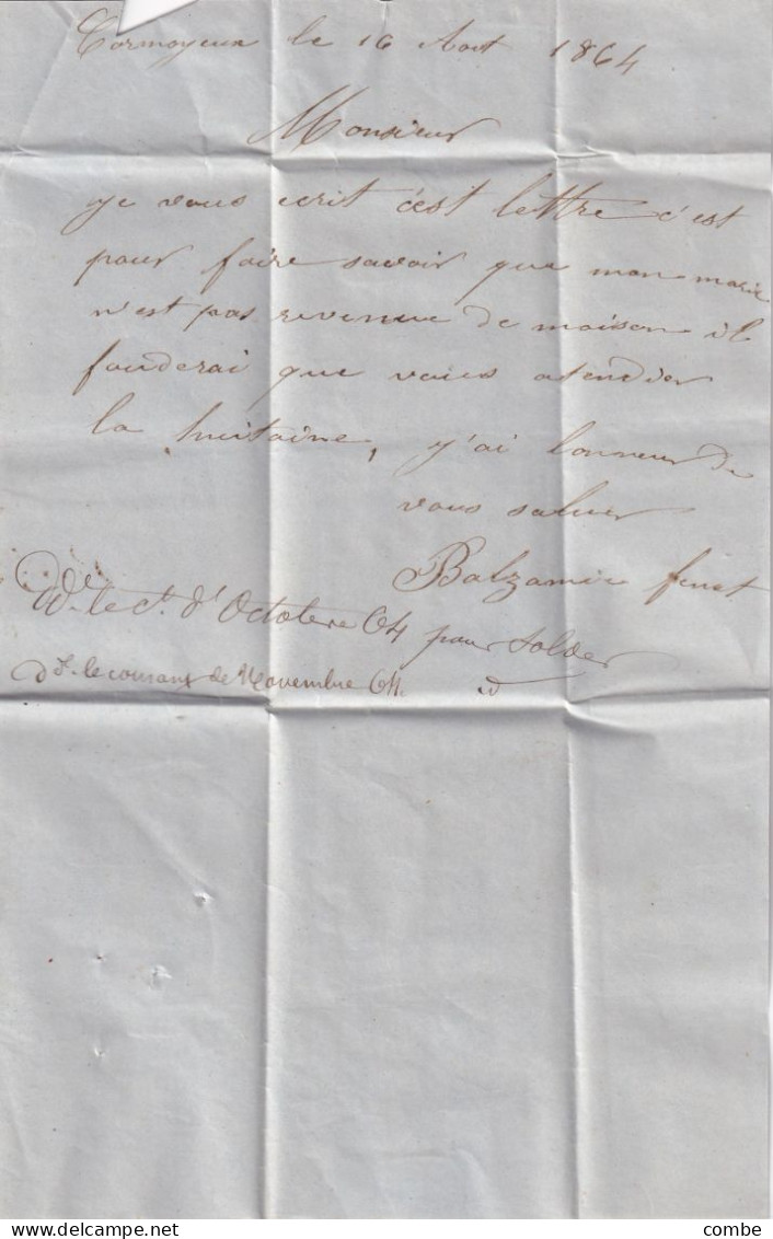 LETTRE. 16 AOUT 1864. N° 22. EPERNAY. MARNE. GC 1397. BOITE RURALE I = CORMOYEUX. POUR CHATILLON S MARNE - 1849-1876: Klassik